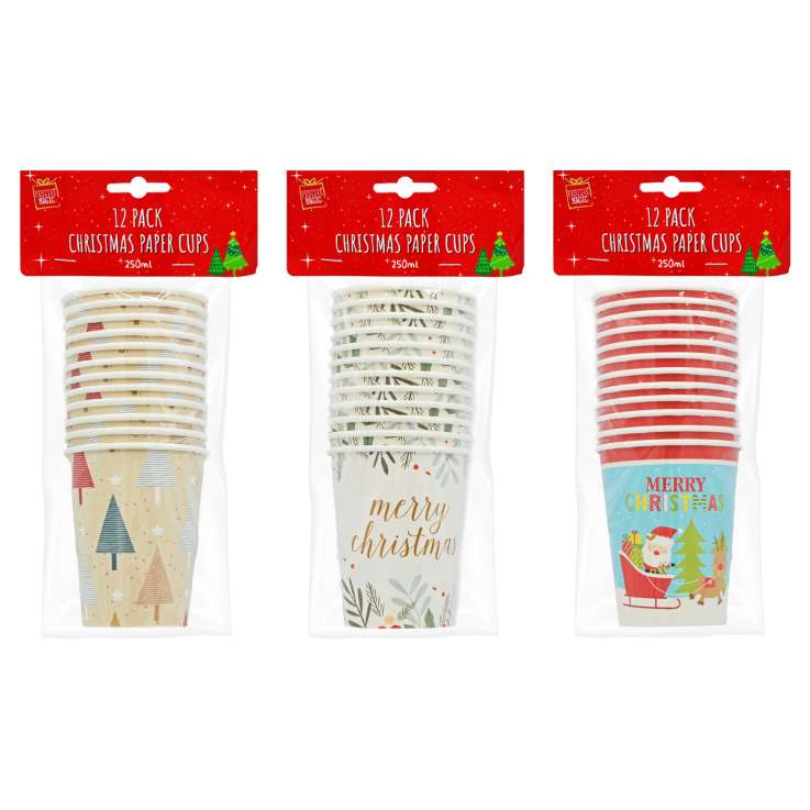 Christmas Cups 250ml 12 Pack - Assorted Designs