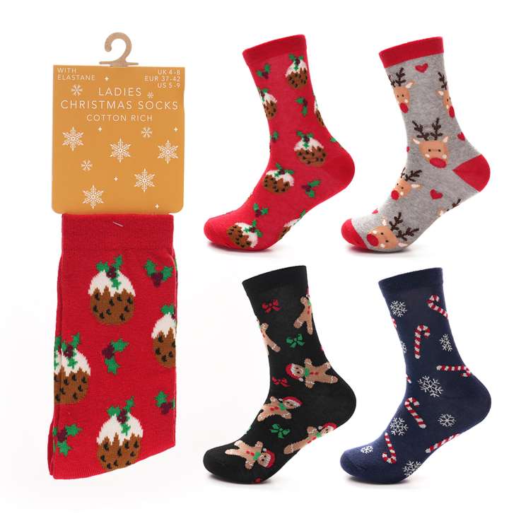 Ladies Cotton Rich Christmas Socks (Size: 4-8) - Assorted Designs