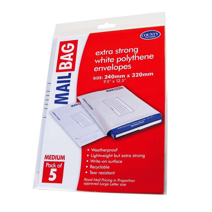 White Polythene Envelopes (240mm x 320mm) 5 Pack - Medium