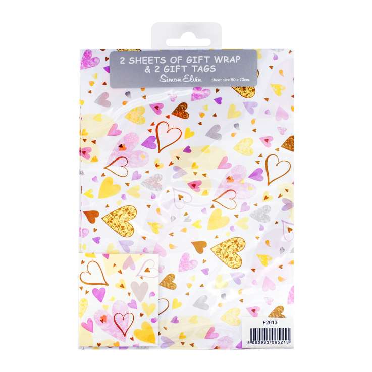 Gift Wrap 2 Pack + 2 Tags (50cm x 70cm) - Love Hearts