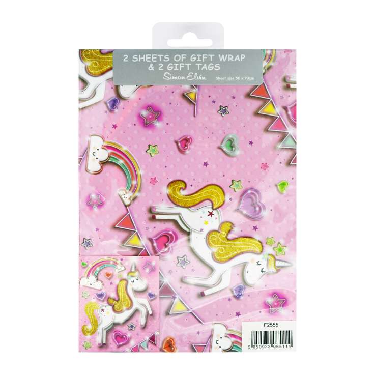 Gift Wrap 2 Pack + 2 Tags (50cm x 70cm) - Pink Unicorns