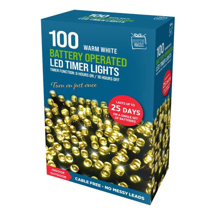 Battery Operated 100 LED Timer Lights (5.95m) - Warm White