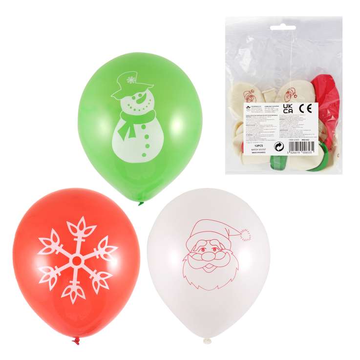 Christmas Balloons 12 Pack - Assorted Designs