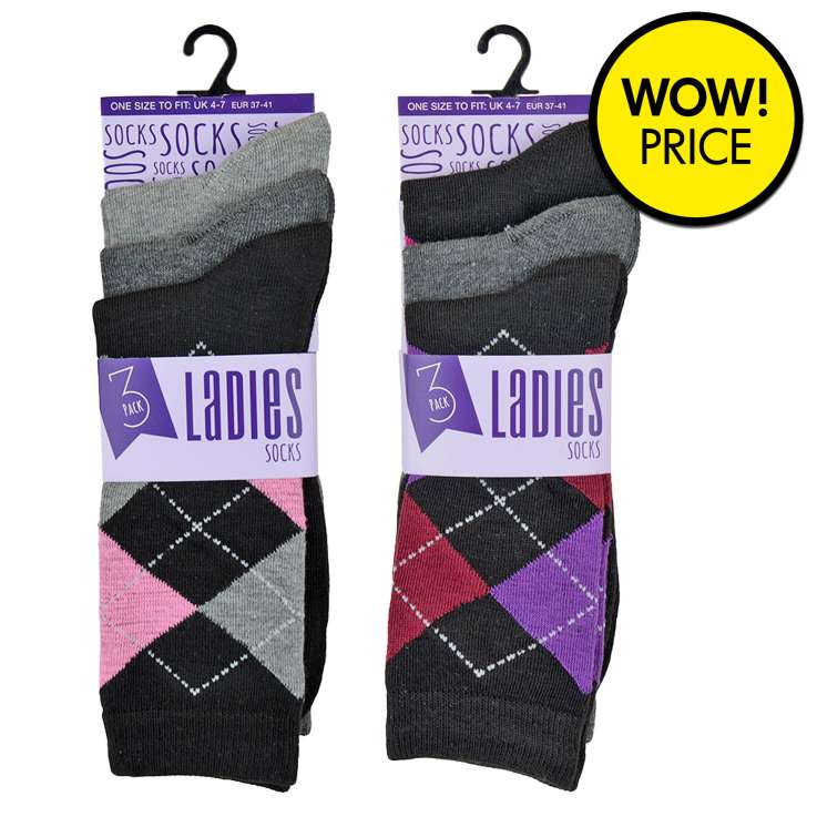 Ladies Argyle Socks (Size 4-7) 3 Pack - Assorted Colours