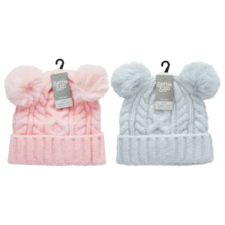 Girls Cable Hat with Pom Poms – Assorted Colours