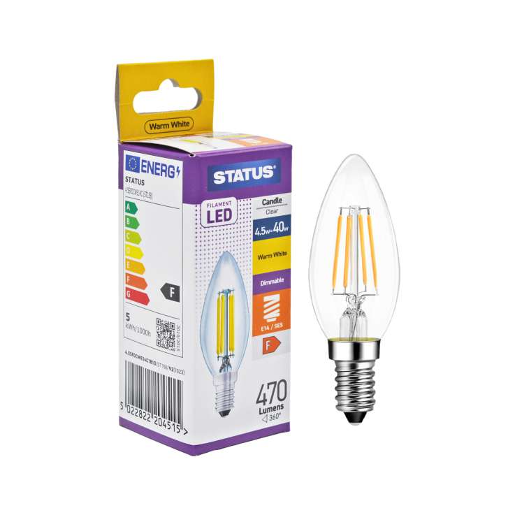 Status Filament LED Candle Light Bulb (4.5w=40w) Small Screw (E14) - Dimmable