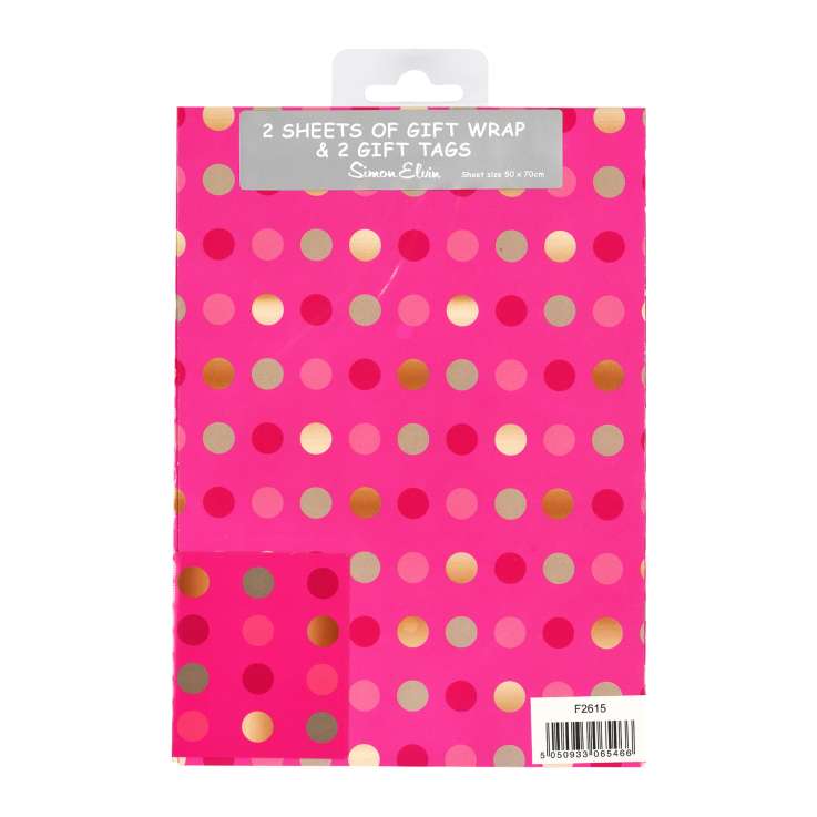 Gift Wrap 2 Pack + 2 Tags (50cm x 70cm) - Pink Dots