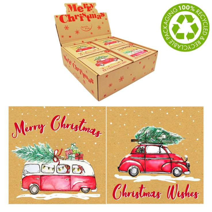 Boxed Kraft Christmas Cards In Display Box 12 Pack - Vehicles