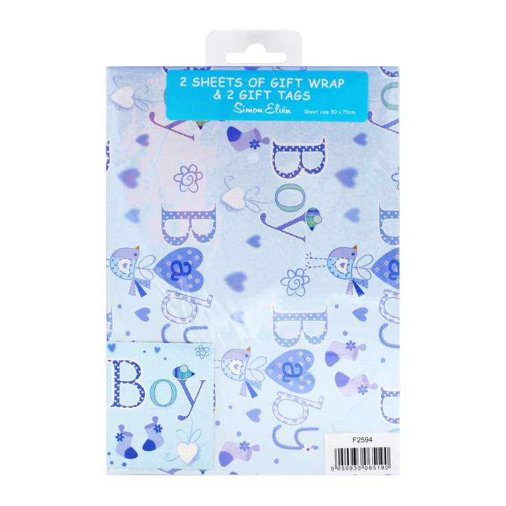 Gift Wrap 2 Pack + 2 Tags (50cm x 70cm) - Baby Boy