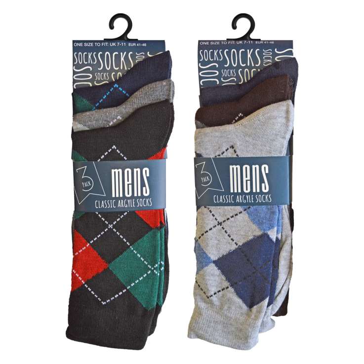 Men’s Classic Argyle Socks (Size 7-11) 3 Pack - Assorted Colours