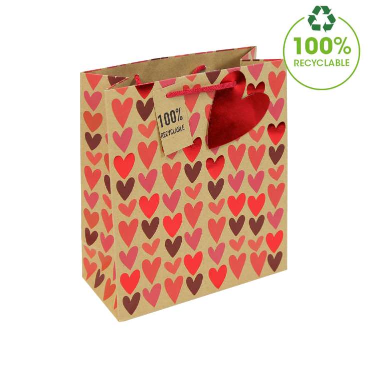 Medium Gift Bags (21.5cm x 25.3cm) - Kraft Hearts