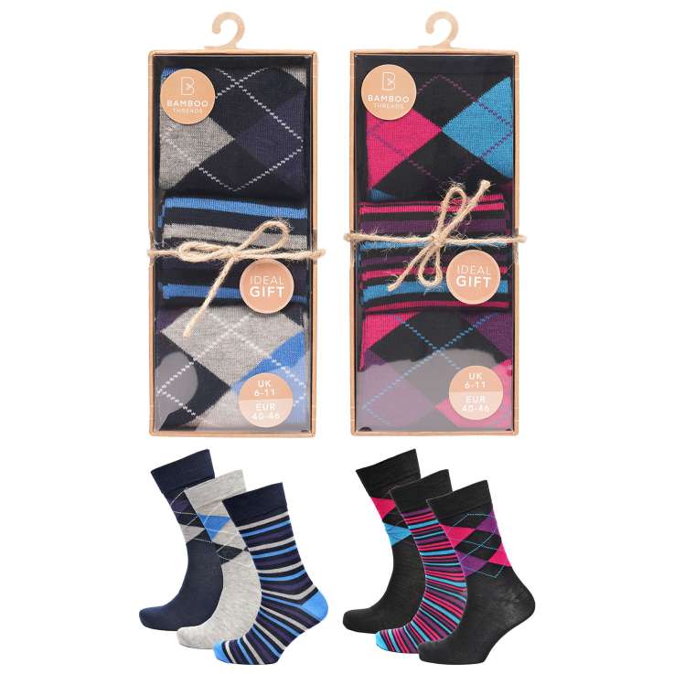 Men's Bamboo Argyle Socks Gift Box (Size 6-11) - Assorted Colours