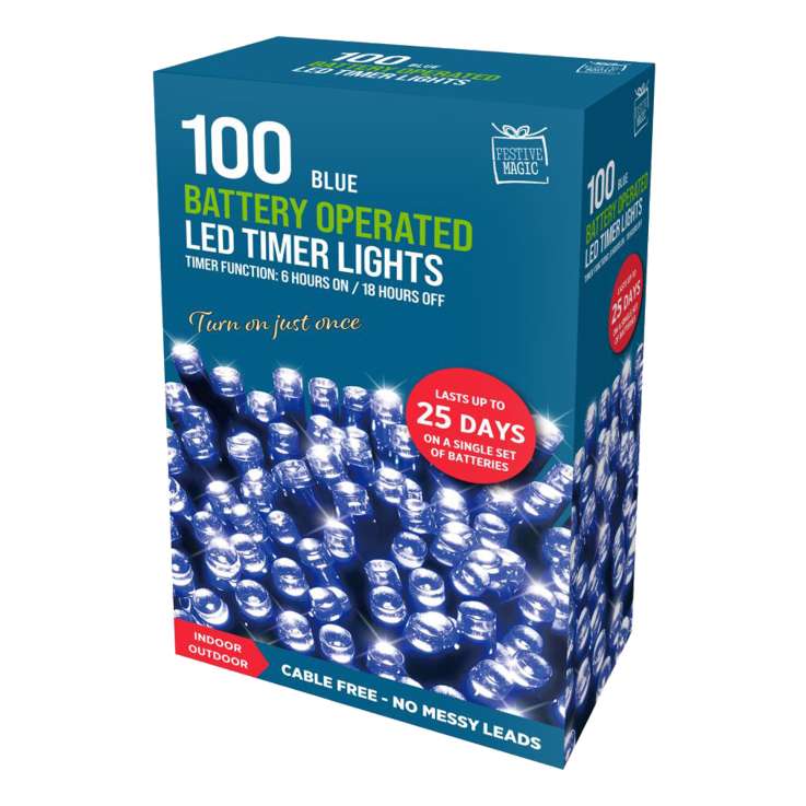 Battery Operated 100 LED Timer Lights (5.95m) - Blue