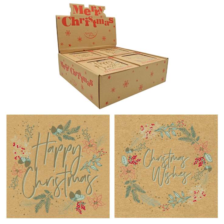 Boxed Kraft Christmas Cards In Display Box 12 Pack - Wreath