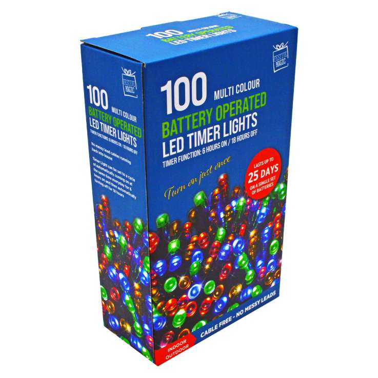 Battery Operated 100 LED Timer Lights (5.95m) - Multi-Coloured