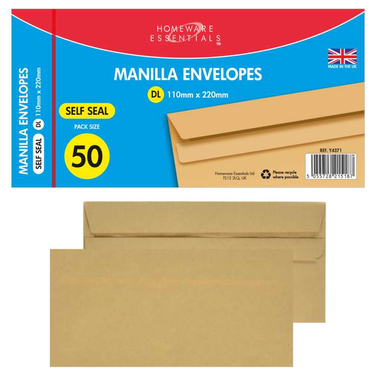 Homeware Essentials DL Self Seal Envelopes (110mm x 220mm) 50 Pack - Manilla