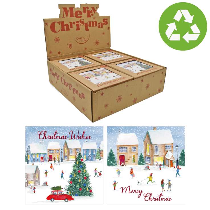 Boxed Christmas Cards In Display Box 12 Pack - White Kraft Village