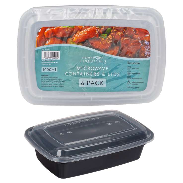 Homeware Essentials Meal Prep Reusable Microwave Containers & Lids (1000ml) 6 Pack