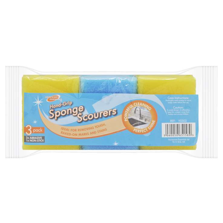 Homeware Essentials Hand Grip Sponge Scourers 3 Pack - Assorted