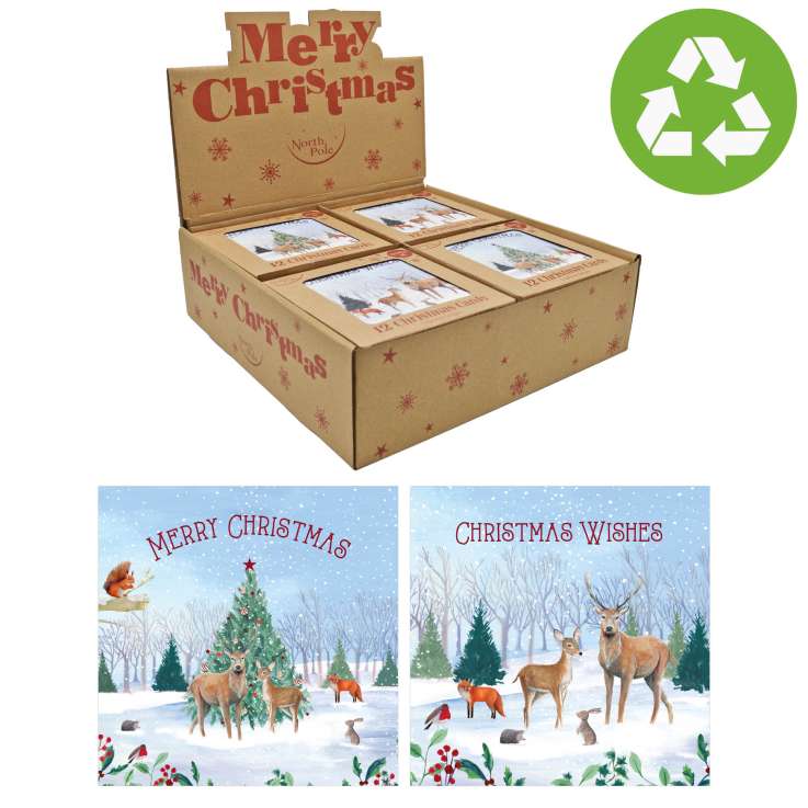 Boxed Christmas Cards In Display Box 12 Pack - White Kraft Woodland