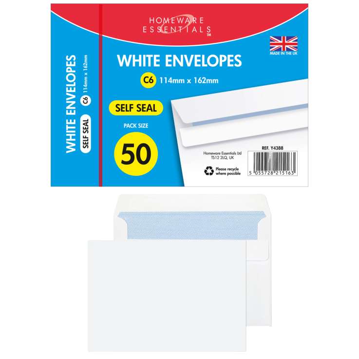 Homeware Essentials C6 Self Seal Envelopes (114mm x 162mm) 50 Pack - White