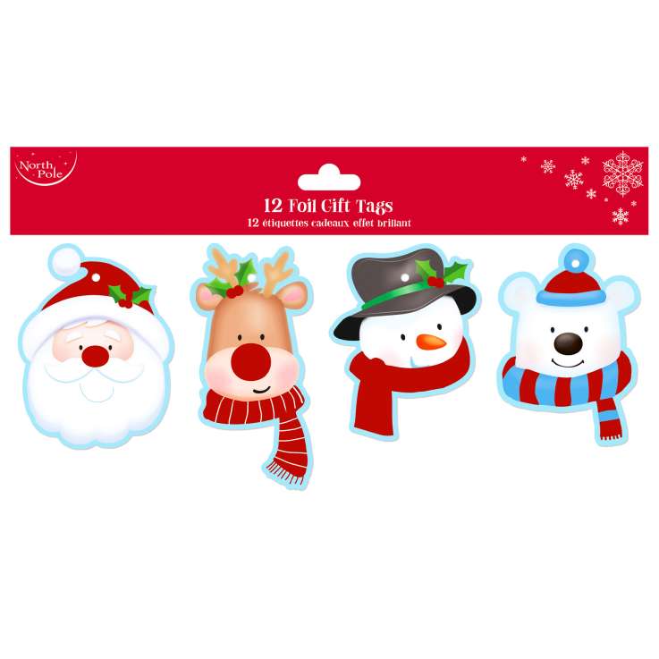 Christmas Foil Gift Tags 12 Pack (Assorted) - Cute