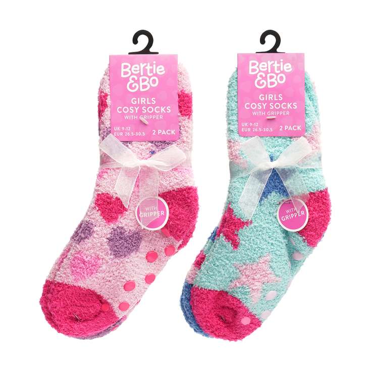 Bertie & Bo Girls Cosy Slipper Socks (Mixed Child Sizes) 2 Pack - Assorted Colours