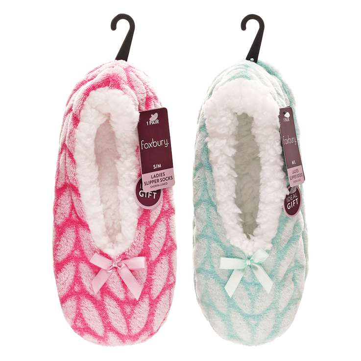 Foxbury Ladies Slipper Socks with Sherpa Lining and Bow (Size S/M & M/L) – Leaves