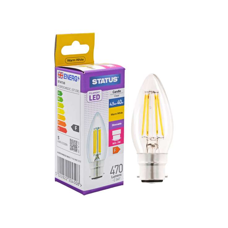 Status Filament LED Candle Light Bulb (4.5w=40w) Bayonet (B22) - Dimmable