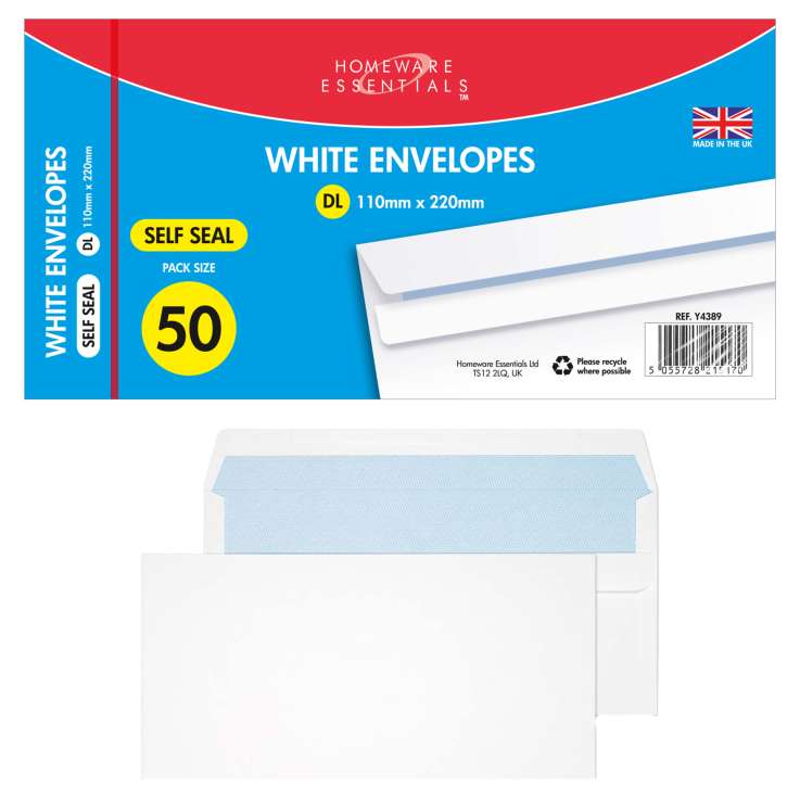 Homeware Essentials DL Self Seal Envelopes (110mm x 220mm) 50 Pack - White