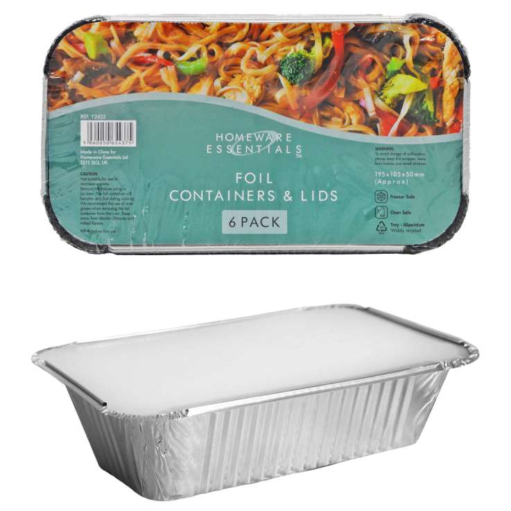 Homeware Essentials Foil Containers & Lids (10.5cm x 19.5cm) 6 Pack