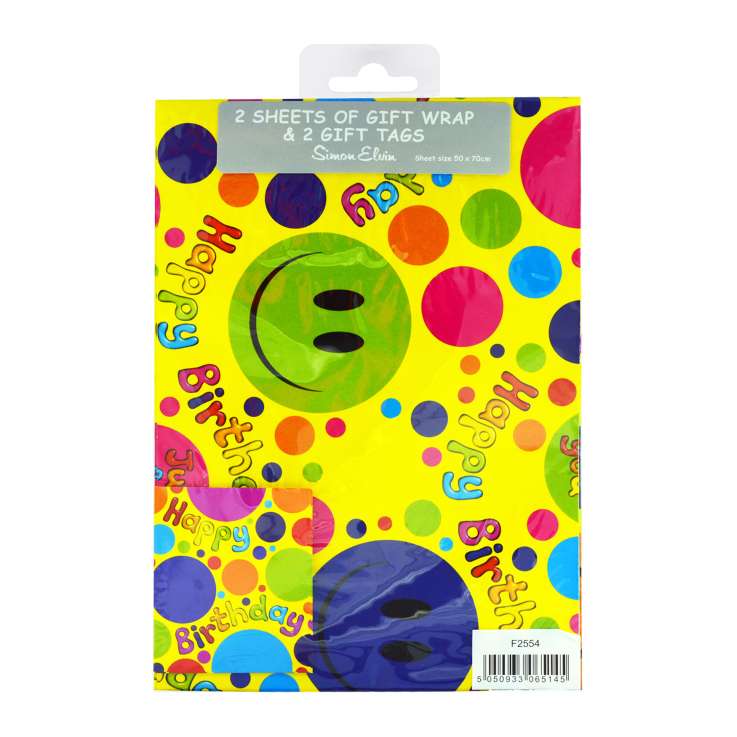 Gift Wrap 2 Pack + 2 Tags (50cm x 70cm) - Smiley Face