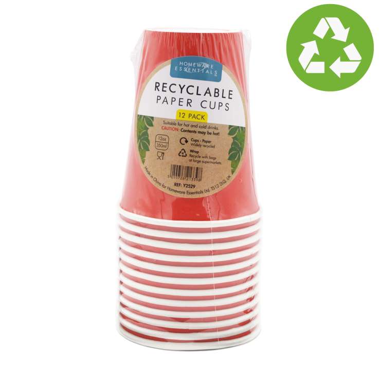 Homeware Essentials Recyclable Paper Cups (350ml) 12 Pack - Red