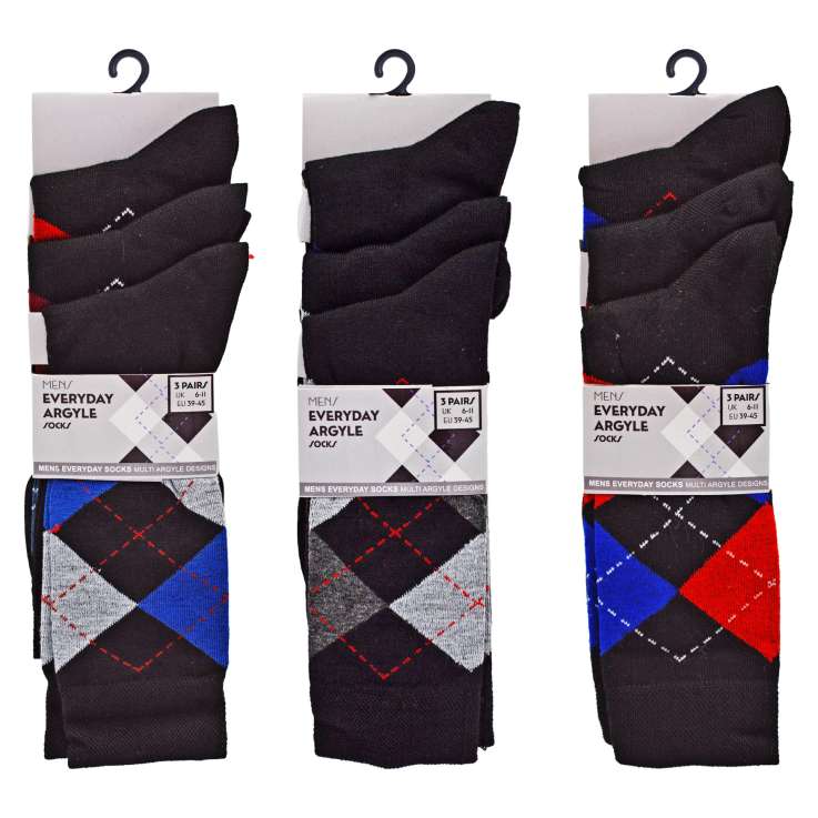 Men's Everyday Argyle Socks 3 Pack (Size 6-11) - Assorted Colours