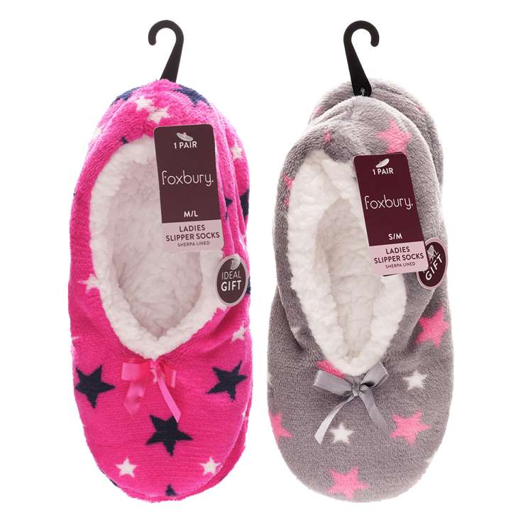 Foxbury Ladies Slipper Socks with Sherpa Lining and Bow (Size S/M & M/L) – Stars