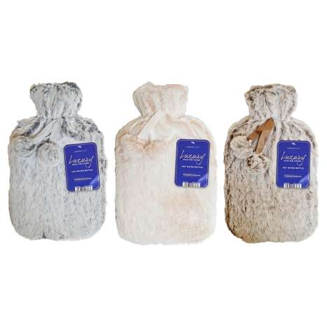 Country Club Hot Water Bottle with Luxury Faux Fur Cover - Assorted Colours