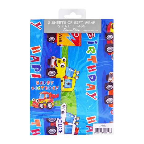 Gift Wrap 2 Pack + 2 Tags (50cm x 70cm) - Cartoon Cars