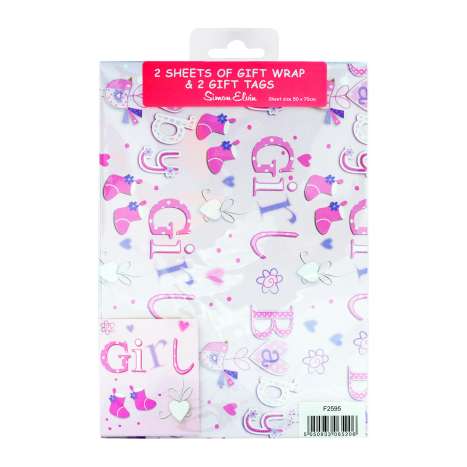 Gift Wrap 2 Pack + 2 Tags (50cm x 70cm) - Baby Girl