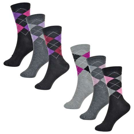 Ladies Argyle Socks (Size 4-7) 3 Pack - Assorted Colours