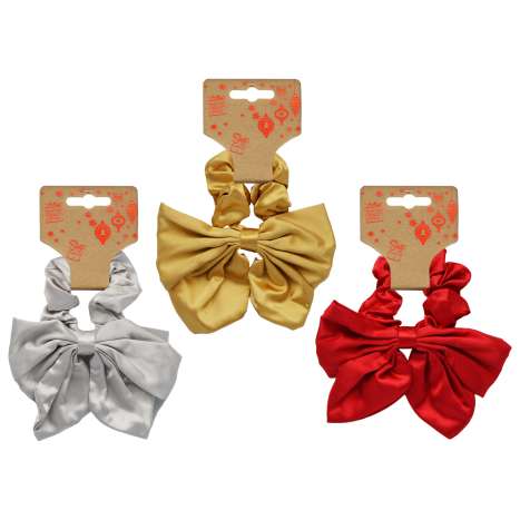 Christmas Silk Hair Scrunchie with Bow - Assorted Colours