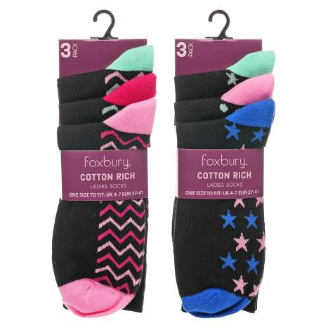 Foxbury Ladies Cotton Rich Heel & Toe Socks (Size: 4-7) 3 Pack - ZigZag / Stars