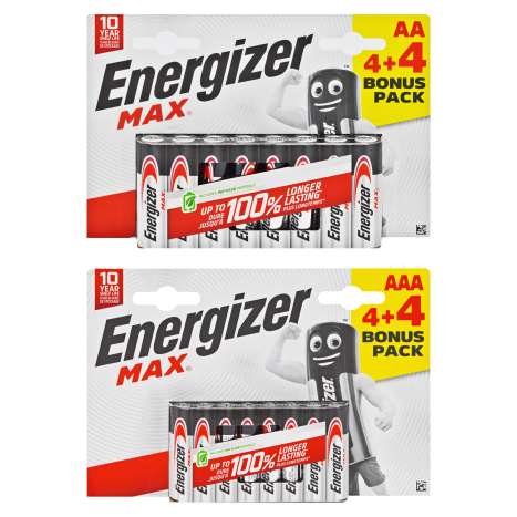 Energizer Max Alkaline Batteries 4 Pack (+4 FREE) - AAA & AA