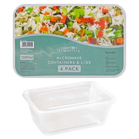 Homeware Essentials Reusable Microwave Containers & Lids (1500ml) 4 Pack