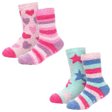 Bertie & Bo Girls Cosy Slipper Socks (Mixed Child Sizes) 2 Pack - Assorted Colours