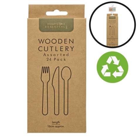 Homeware Essentials Wooden Cutlery 24 Pack - Loaded Clip Strip