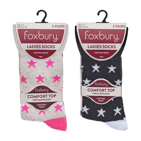 Foxbury Ladies Cotton Rich Non-Elasticated Comfort Top Socks (Size: 4-7) 3 Pack - Stars