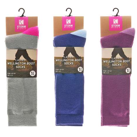 Storm Ridge Ladies Wellington Boot Socks (Size: 4-7) - Assorted Colours