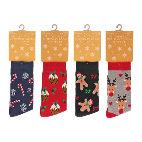 Ladies Cotton Rich Christmas Socks (Size: 4-8) - Assorted Designs