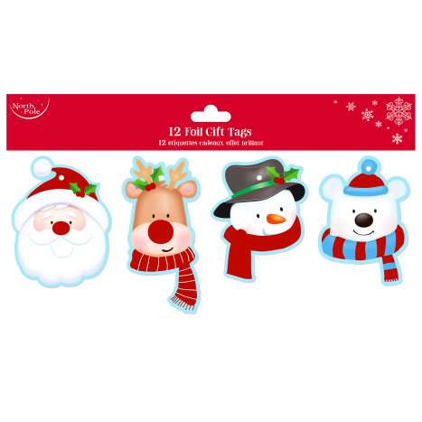 Christmas Foil Gift Tags 12 Pack (Assorted) - Cute