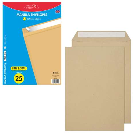 Homeware Essentials C4 Peel & Seal Envelopes (342mm x 229mm) 25 Pack - Manilla